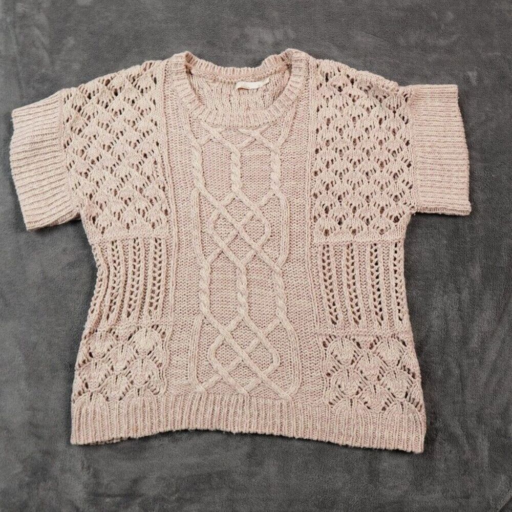 Prana Sweater Women's Medium Pink Salmon Patchwork Short Sleeve Cable Knit